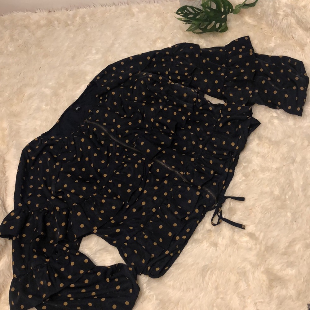 Lucca Couture Zip Up Tiered Navy w/ Tan Polka Dots Ruffle Long Sleeve Jacket Sm - Picture 2 of 10